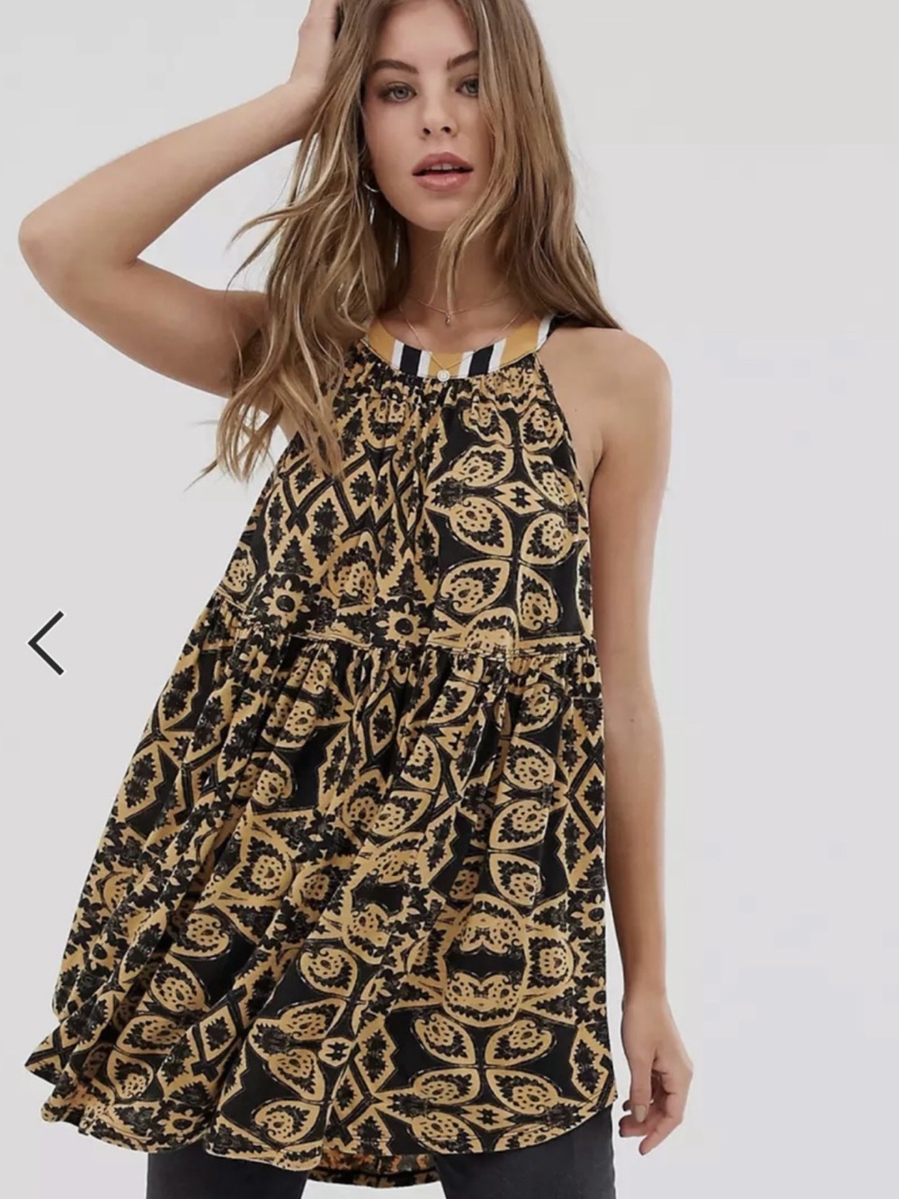 Free People Black & Mustard Printed Tiered Halter Dress